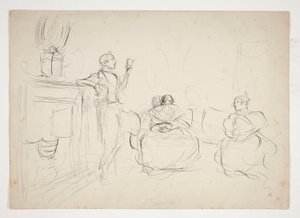 Luonnos sisustuksesta: mies lukee ääneen, naiset neulevat - tunnistamaton kuva tekijältä Edwin Austin Abbey