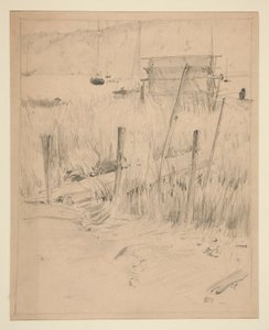 Luonnos vanhasta laiturista, jonka ympärillä kasvaa rikkaruohoja tekijältä Edwin Austin Abbey