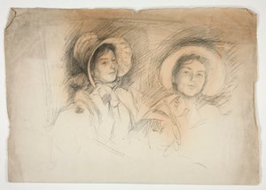 Luonnos kahdesta nuoresta naisesta konepellissä (tunnistamattomat istujat) tekijältä Edwin Austin Abbey