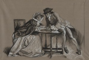 Opiskelu. Lady ja herrasmies keskustelevat pöydän toisella puolella tekijältä Edwin Austin Abbey