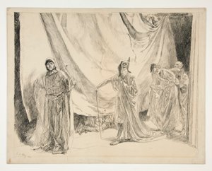 Pelaajien paluu, kuvitus näytökselle V, kohtaus I, juhannusyö tekijältä Edwin Austin Abbey