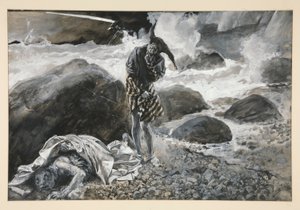 Trinculo ja Caliban, kuvitus näytökselle II, kohtaus ii, The Tempest tekijältä Edwin Austin Abbey