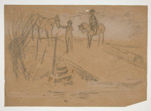 Kaksi miestä ja kaksi hevosta maisemassa - tunnistamaton kuva tekijältä Edwin Austin Abbey