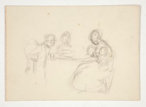 Tuntematon kuva- Kuvien tutkiminen pöydän ääressä. Istuva mies takana. tekijältä Edwin Austin Abbey