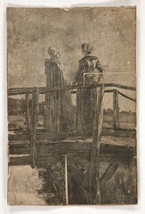 Nimetön puukaiverrus, E.A. Kahden naisen luostari (?) puisella kävelysillalla - kuvitus William Blackille tekijältä Edwin Austin Abbey