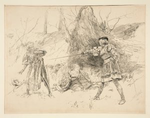 Valentine pelastaa Sylvian näytöksestä V, kohtaus iv, Two Gentlemen of Verona tekijältä Edwin Austin Abbey