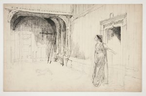 Nainen ja koira sisätiloissa - (tunnistamaton kuvitus näytelmään?) tekijältä Edwin Austin Abbey