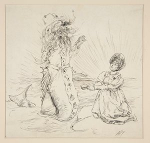 Nainen ja käärme rannalla, luonnos elokuvasta The Lay of the Lobster tekijältä Edwin Austin Abbey