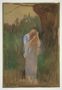 Nainen maisemassa, kampailee pitkiä vaaleita hiuksiaan - (tunnistamaton kuva) tekijältä Edwin Austin Abbey