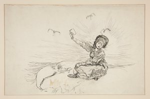 Nainen rannalla pitelee kirjaa, luonnos Hummerin laaksosta tekijältä Edwin Austin Abbey