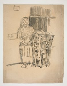 Nainen pyykkikorin kanssa (?) - tunnistamaton kuva tekijältä Edwin Austin Abbey