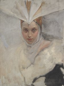 Nainen, jolla on kalasääsken päähine ja valkoinen turkiskaulus, 1897 tekijältä Edwin Austin Abbey