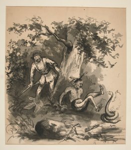 Metsäkohtaus metsästäjästä, intiaanista ja käärmeestä - tunnistamaton kuva tekijältä Edwin Austin Abbey