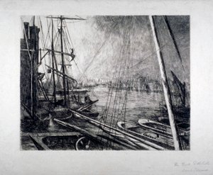 Lontoon uima-allas Rotherhithesta, alukset etualalla, 1890.
