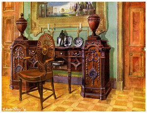 Veistetty mahonkijalusta senkki ja soikea pyöräselkätuoli, 1911-1912. tekijältä Edwin Foley