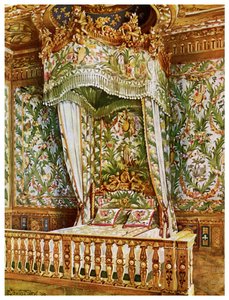 Marie Antoinetten kullattu valtion sänky, Queens Bedroom, Fontainebleaun palatsi, Ranska, 1911-1912.
