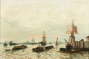Proomut Thamesilla (öljy kankaalle) tekijältä Edwin Henry Eugene Fletcher