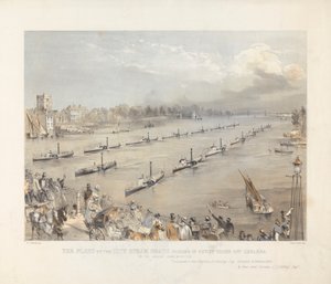 The Fleet of the City Steam Boats Passing in Review Tilaa Chalsea Lontoon vuosittaisessa muistojuhlissa tekijältä Edwin Jewitt
