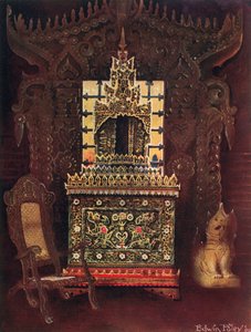 Aasialaisia huonekaluja Lord Curzon of Kedlestonin kokoelmasta, G.C.S.I., D.C.L. jne. Burmalainen veistetty ja kullattu oviaukko Mandalaysta. Buddhalainen käsikirjoituslaatikko (Poongyi) ja pyhäkkö (Sadaik) Wood E