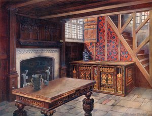 Upotekoristeinen Nonesuch Rinta. Veistetty "piirustus" -pöytä, Shibden Hall. Chiddingstonessa veistetty savupiippu. Varhaisin englantilainen taustakuva Borden Hallissa tekijältä Edwin John Foley
