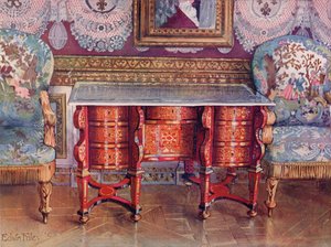 Polvenreikäinen kirjoituspöytä punaista kilpikonnankuorta ja lakattua terästä. Boulle. Kullatut fauteuils, verhoiltu kuvakudoksella tekijältä Edwin John Foley