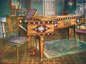 1700-luvun lopun koristehuonekalut. Satinwood- ja mahonki-uurteinen Pianoforte, Wedgwood-plaketit, Ormolu-kiinnikkeet, paneeli ja tähdet, Manuel Godoy lahjoitti Espanjan kuningattarelle vuonna 1796.