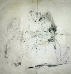 Äiti ja kaksi lasta (kynä paperille) tekijältä Edwin Landseer
