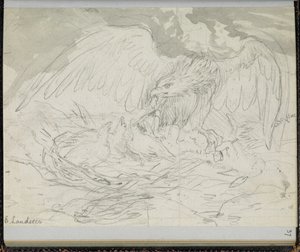 F. 37: Petolintu, joka ruokkii poikasia, "Luonnoskirjasta, jossa on kohtauksia Charles Dickensin tarinoista" (kynä paperille) tekijältä Edwin Landseer