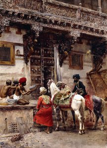 Käsityöläinen myy koteloita tiikkipuurakennuksessa, Ahmedabad, n. 1885 tekijältä Edwin Lord Weeks