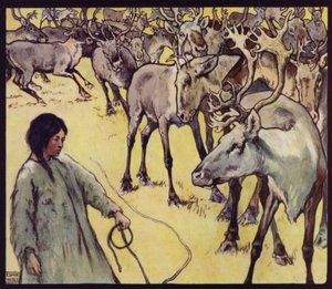 Lapin tyttö porolaumalla (väri litho)