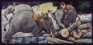 Elefantit käsittelevät lokeja joessa (väri litho) tekijältä Edwin Noble