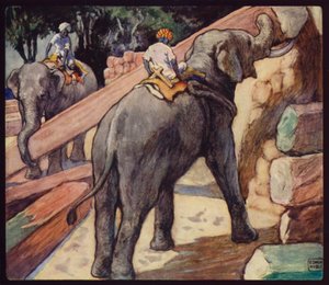 Norsut kasaavat tiikiä (väri litho) tekijältä Edwin Noble
