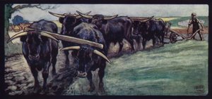 Härät kyntämässä Sussex Downsilla (väri litho)