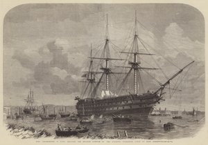 HMS Agamemnon, 91 Guns, toimittaa englantilaisen Atlantin sukellusvenekaapelin osan East Greenwichissä