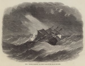 HMS Princess Charlotte kovassa myrskyssä Hyvän toivon niemellä.