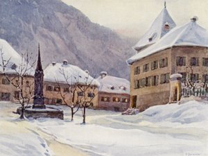 Rein: Chur, Coire, katedraaliaukio (värilitografia).