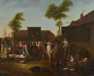 Kylän karnevaali, jossa on Commedia dellArten hahmoja. tekijältä Egbert van the Elder Heemskerck