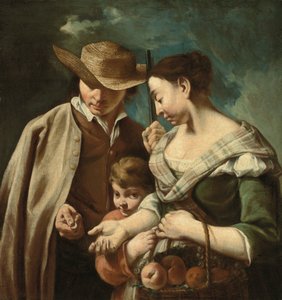 Hedelmämyyjä ja nuori poika, jolla on korillinen persikoita, päärynöitä ja viinirypäleitä, maisemassa, jossa on mies, jolla on ase ja kolikko kädessään, noin 1705-84 (öljy kankaalle). tekijältä Egidio (attr.to) Dall