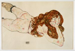 Naisen alastonkuva makaa vatsallaan - Nude on her ... (guassi ja musta väriliitu) tekijältä Egon Schiele