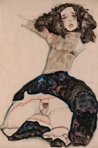 Mustatukkainen tyttö kohohameella, 1911 tekijältä Egon Schiele