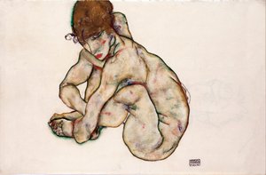 Hiipivä alaston tyttö - Schiele, Egon (1890-1918) - 1914 - musta liitu, guassi paperille - 31,5x48,2 - Leopold-museo, Wien tekijältä Egon Schiele