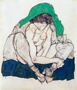 Hiipivä nainen vihreällä huivilla - Schiele, Egon (1890-1918) - 1914 - Musta liitu, guassi paperille - 47x31 - Leopold-museo, Wien tekijältä Egon Schiele