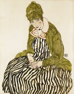 Edith Schiele raidallisessa mekossa istuen. Egon Schielen (1890-1918) työ, kynä ja guassi paperille tekijältä Egon Schiele