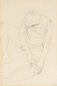 Nainen alaston kumartunut eteenpäin, molemmat kädet vasemmalla reidellä, 1913 tekijältä Egon Schiele