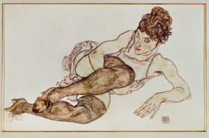 Nainen ruskeissa sukissa - Woman ... (guassi ja musta väriliitu) tekijältä Egon Schiele