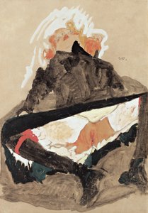 Tyttö mustassa mekossa jalat levitettyinä, 1910 tekijältä Egon Schiele