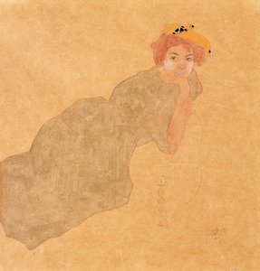 Tyttö oliivinvärisessä mekossa, jossa on tuettu käsivarsi; Nainen oliivimekossa, jossa on nostettu käsivarsi tekijältä Egon Schiele