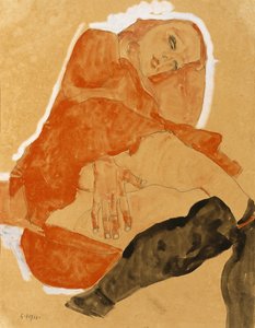 Tyttö punaisessa viitassa ja mustissa sukkahousuissa tekijältä Egon Schiele