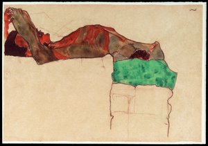 Makaava miesakti vihreällä kankaalla [Reclining Male Nude with Green Cloth] (akvarelli ja hiili) (akvarelli ja hiili) tekijältä Egon Schiele