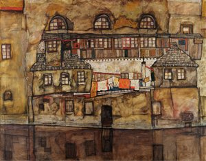 Talojen seinä joella - Egon Schielen (1890-1918) maalaus, öljy kankaalle tekijältä Egon Schiele